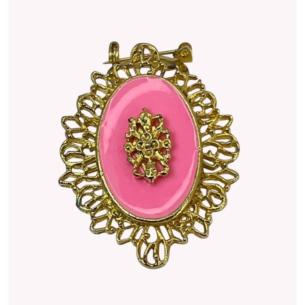 Vintage Victorian-Style Gold-Tone Pink Glass Cabochon Brooch